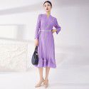 Pleated dress for women's new small V-neck, belt, flower bud skirt, elegant temperament, high waist, mid length skirt