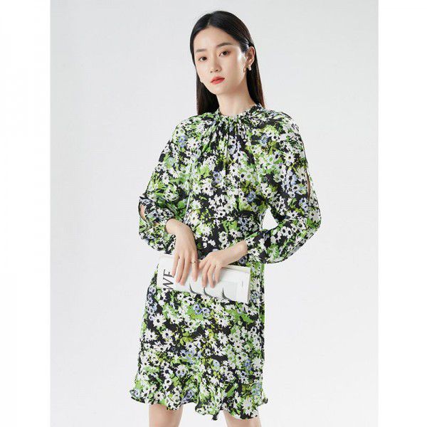 New Women's Style Commuter Bubble Sleeves High Waist A-line Dress Mid length Dress Printed Fragmented Flowers