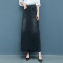 Spring and Autumn New Half length Skirt Mid length High Waist Long Dress Korean Elastic Large Size Floor Dragging A-line Denim Skirt Women
