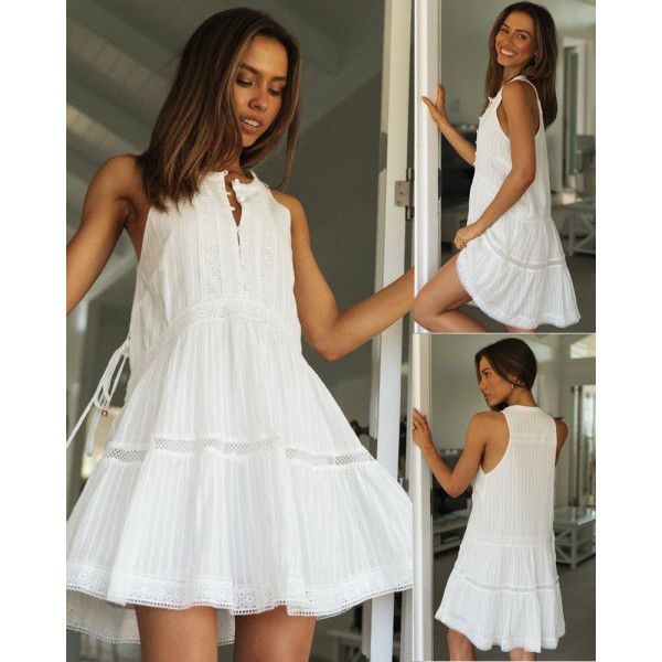Popular Women's Vacation Skirt Lace Splice Stand up Neck Button Swing Dress