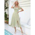 New Women's Lace Print Split Thigh A-line Short Sleeve Dress for Women