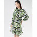 New Women's Style Commuter Bubble Sleeves High Waist A-line Dress Mid length Dress Printed Fragmented Flowers