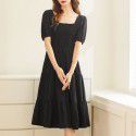 Short sleeved Princess Cake Dress Summer New French Elegant Square Neck High Waist Pleated Dress