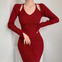 Hollow waist sexy wrap buttocks black knitted dress medium length woolen dress for women