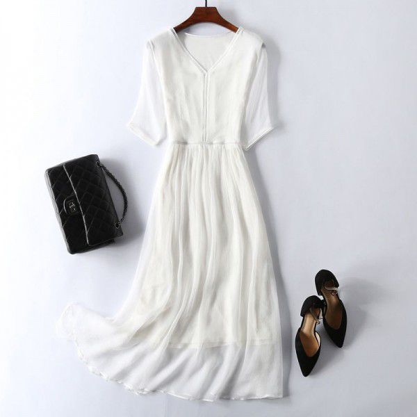 Summer New Women's Commuter Elegant Temperament White Silk Dress