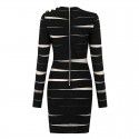 Women's Long Sleeve Mesh Irregular Striped Black Classic Long Sleeve Dress in Europe and America
