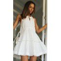 Popular Women's Vacation Skirt Lace Splice Stand up Neck Button Swing Dress