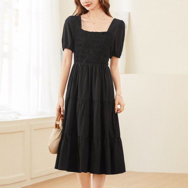 Short sleeved Princess Cake Dress Summer New French Elegant Square Neck High Waist Pleated Dress