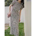 Spring diagonal cut rayon print with waistband to show slimming dress, fresh French floral floral style, lady temperament, commuting