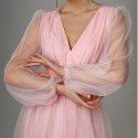 Sweet and spicy style solid color long dress early spring V-neck long sleeved high waisted slim mesh patchwork dress with belt