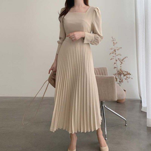 Spring and Autumn Korean Version New Style Temperament Ladies Waist Waist Slim Square Neck Pullover 100 Pleated Long Dress