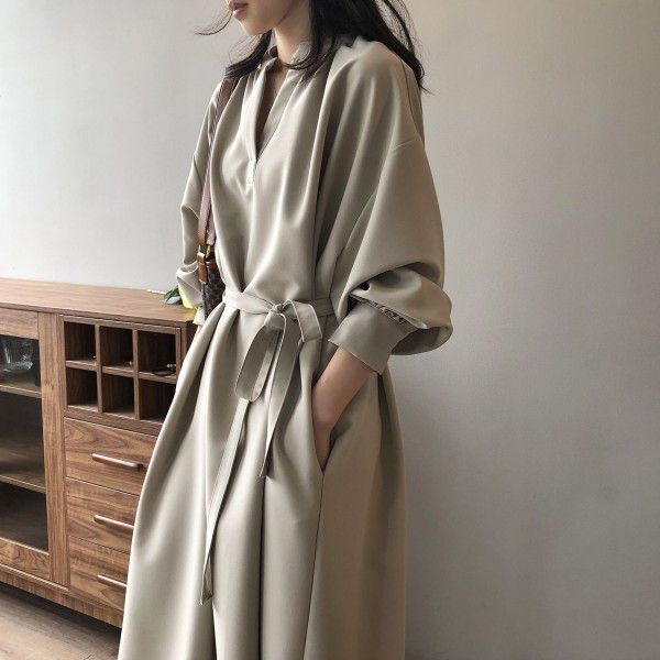 V-neck dress for women's spring new Korean version loose and elegant temperament lace up long skirt 