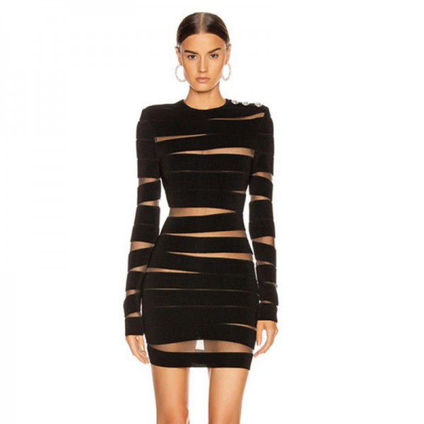 Women's Long Sleeve Mesh Irregular Striped Black Classic Long Sleeve Dress in Europe and America