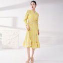 Pleated dress for women's new small V-neck, belt, flower bud skirt, elegant temperament, high waist, mid length skirt