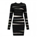 Women's Long Sleeve Mesh Irregular Striped Black Classic Long Sleeve Dress in Europe and America