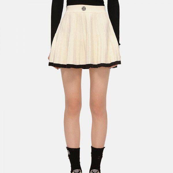 Vintage Campus Knitted Pleated Skirt Cross Flower Embroidery Contrast Color with Lining Spicy Girl Short Skirt