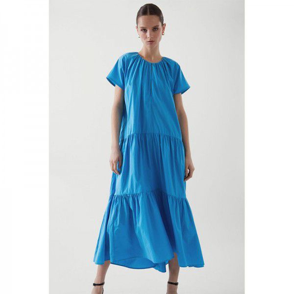 Summer New Round Neck Sleeveless Dress Two Color Pleated Pure Cotton Loose Mid length Cake Dress