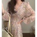 Spring New Korean Designer Temperament Gentle Three Dimensional Fairy Fragmented V-neck Chiffon Dress Long Dress