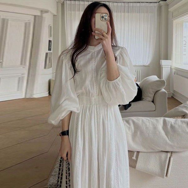 Spring French Brand Lace Standing Neck Spliced Hollow Lace Hooked Waist Dress for Women