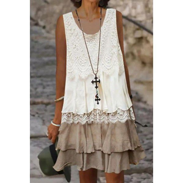 Spring European and American New Fashion Splice Loose Pullover Medium Dress Cake Skirt for Women