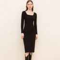 New Square Neck Cotton Medium Length Dress Women Solid Long Sleeve Slim Fit Split Mid Waist Pencil Dress Women 