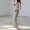 Spring/Summer Mid length Knitted Sling Dress for Women Sleeveless Outwear Over Knee Skirt Underlay Tank Top Long Dress