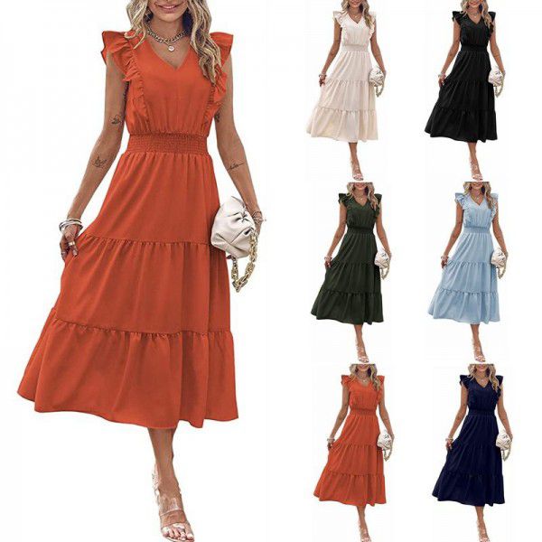 New Wooden Ear Edge Sleeveless V-Neck Waist Pleated Dress