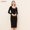 New Square Neck Cotton Medium Length Dress Women Solid Long Sleeve Slim Fit Split Mid Waist Pencil Dress Women 