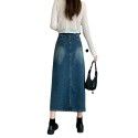 Oversized Hong Kong style retro split denim skirt for women's early spring new high waisted slim A-line mid length skirt