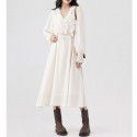 New Year Sweet and Gentle V-neck Apricot Long Dress Versatile Commuter Waist Slim A-line Dress