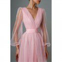 Sweet and spicy style solid color long dress early spring V-neck long sleeved high waisted slim mesh patchwork dress with belt