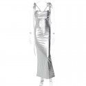Spring Women's New Sexy Open Back Strap Long Dress Pleated Style Dress for Women