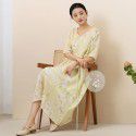 Summer New Ramie Print Dress Women's Waist Waist Slim V-Neck Chinese Vintage Long Dress