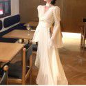 White V-neck dress for women's new early spring long sleeved tea break French haute couture dress