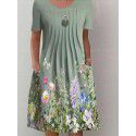 Summer New Women's Foreign Trade Round Neck Long Dress Flower Print Dress Women