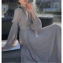 White V-neck dress for women's new early spring long sleeved tea break French haute couture dress