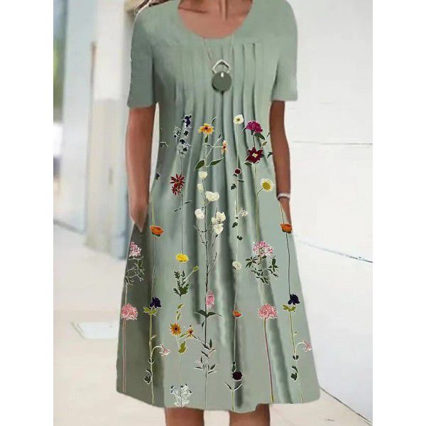 Summer New Women's Foreign Trade Round Neck Long Dress Flower Print Dress Women