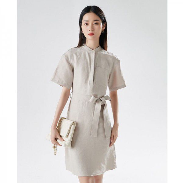 Spring New Women's Short sleeved Small and Luxury Design Feeling: Waistband Round Neck Mid length Dress