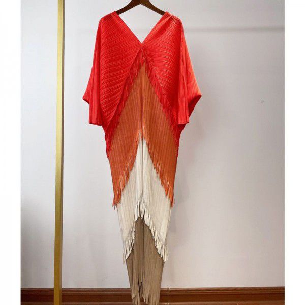 Pleated color matching tassel dress Spring new loose size slim fishtail skirt