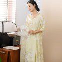 Summer New Ramie Print Dress Women's Waist Waist Slim V-Neck Chinese Vintage Long Dress
