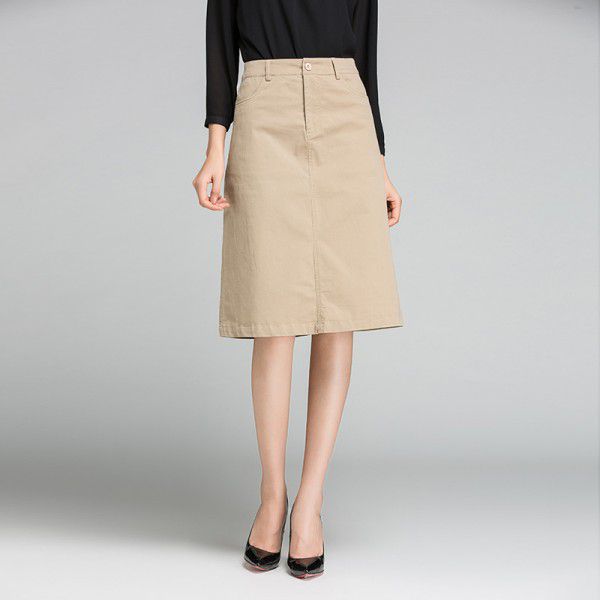 A-line skirt khaki skirt spring summer new OL professional skirt high waist slit buttocks one-step skirt white midskirt 