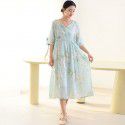 Summer New Ramie Print Dress Women's Waist Waist Slim V-Neck Chinese Vintage Long Dress