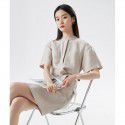 Spring New Women's Short sleeved Small and Luxury Design Feeling: Waistband Round Neck Mid length Dress