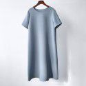 Summer women's acetic acid short sleeved loose fitting dress, medium length simple round neck long dress, easy to wear, multiple colors available