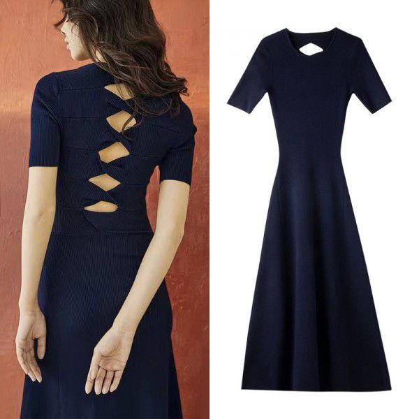 Spring/Summer New Open Back Mid length Knitted Dress Round Neck A-line Waist Waist Large Swing Long Dress