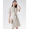 Spring New Women's Short sleeved Small and Luxury Design Feeling: Waistband Round Neck Mid length Dress