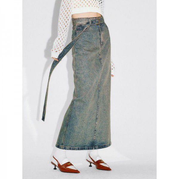 Spring New Wrapped Hip Skirt Women's Straight to Floor Denim Half length Skirt
