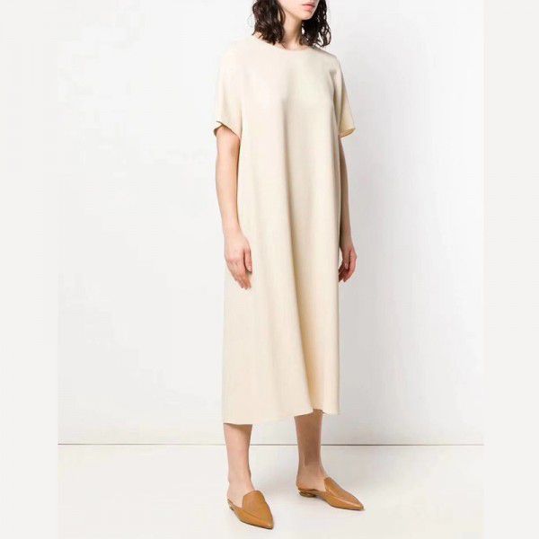 Summer women's acetic acid short sleeved loose fitting dress, medium length simple round neck long dress, easy to wear, multiple colors available