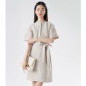 Spring New Women's Short sleeved Small and Luxury Design Feeling: Waistband Round Neck Mid length Dress
