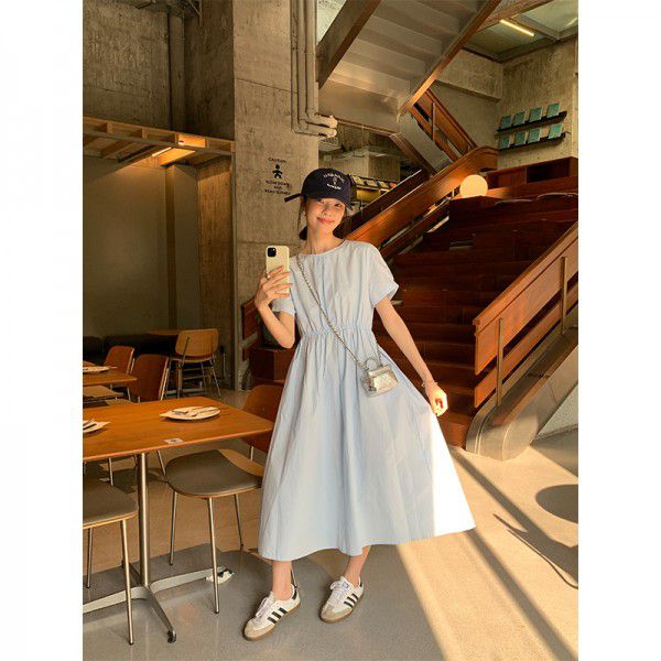 Waist tightening and slimming dress for women's summer sweet and elegant round neck first love dress